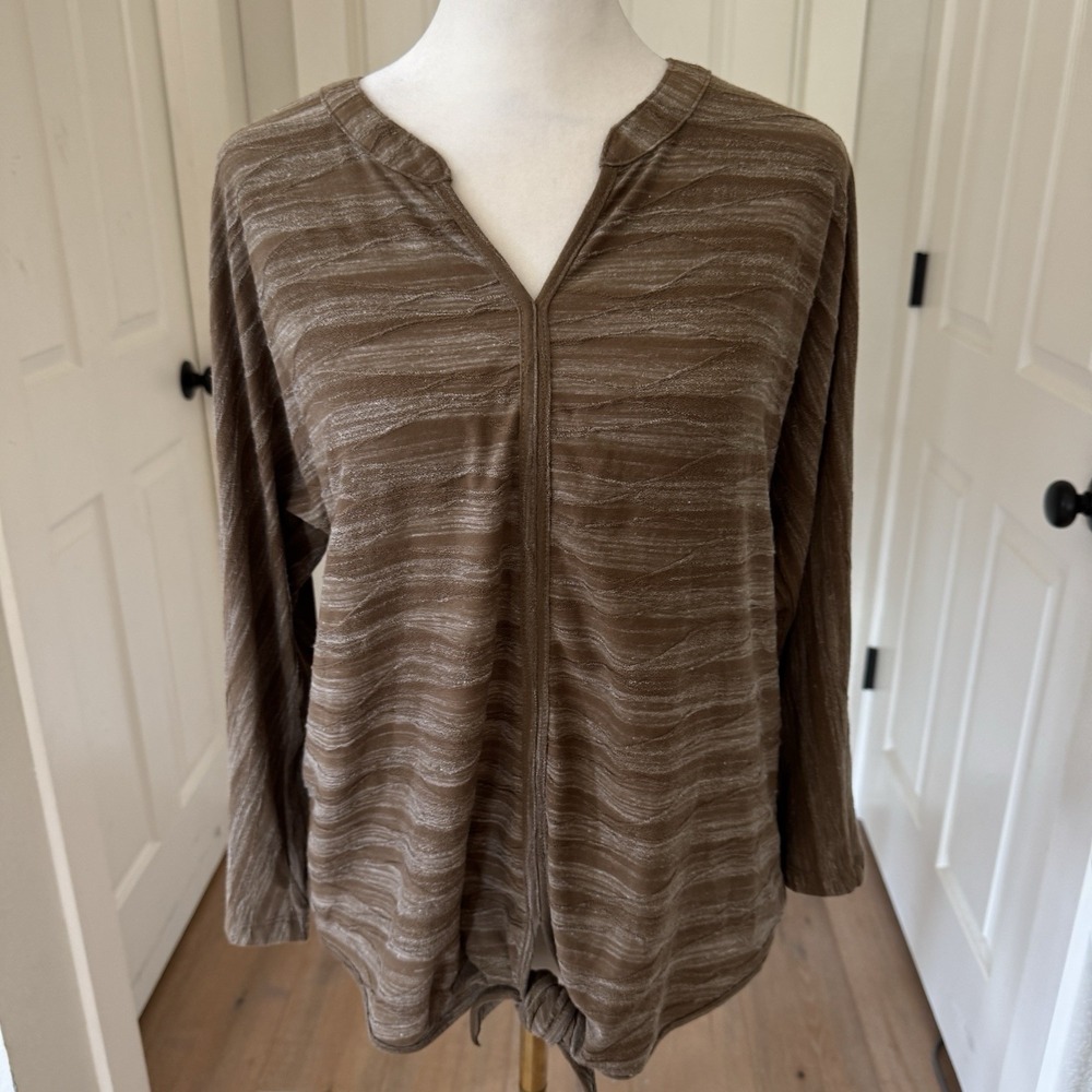 Chico's‎ Sz 1 M Brown Stripe Top Tie Knotted Waist 3/4 Sleeve Fall Casual Comfy